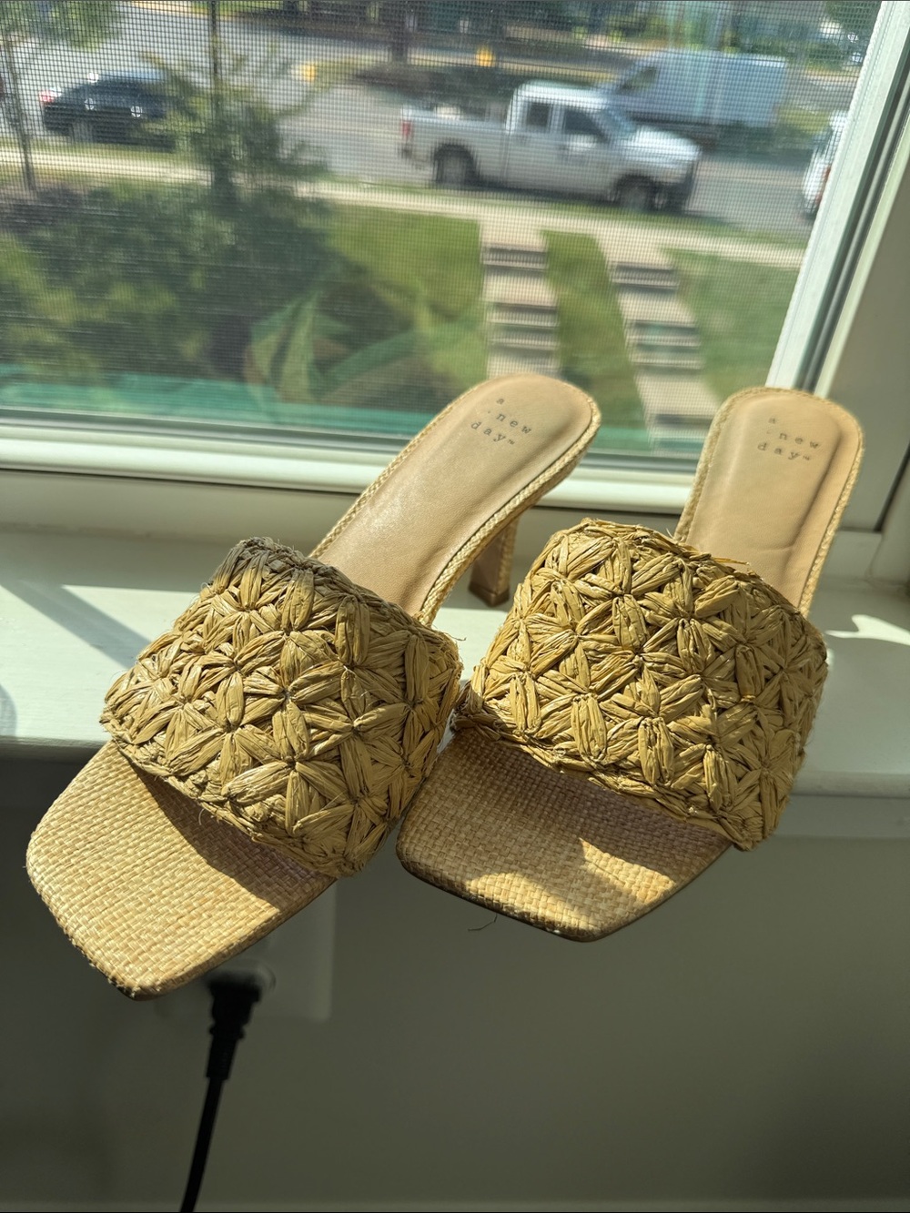 a new day Woven Raffia Slide Sandals in Tan